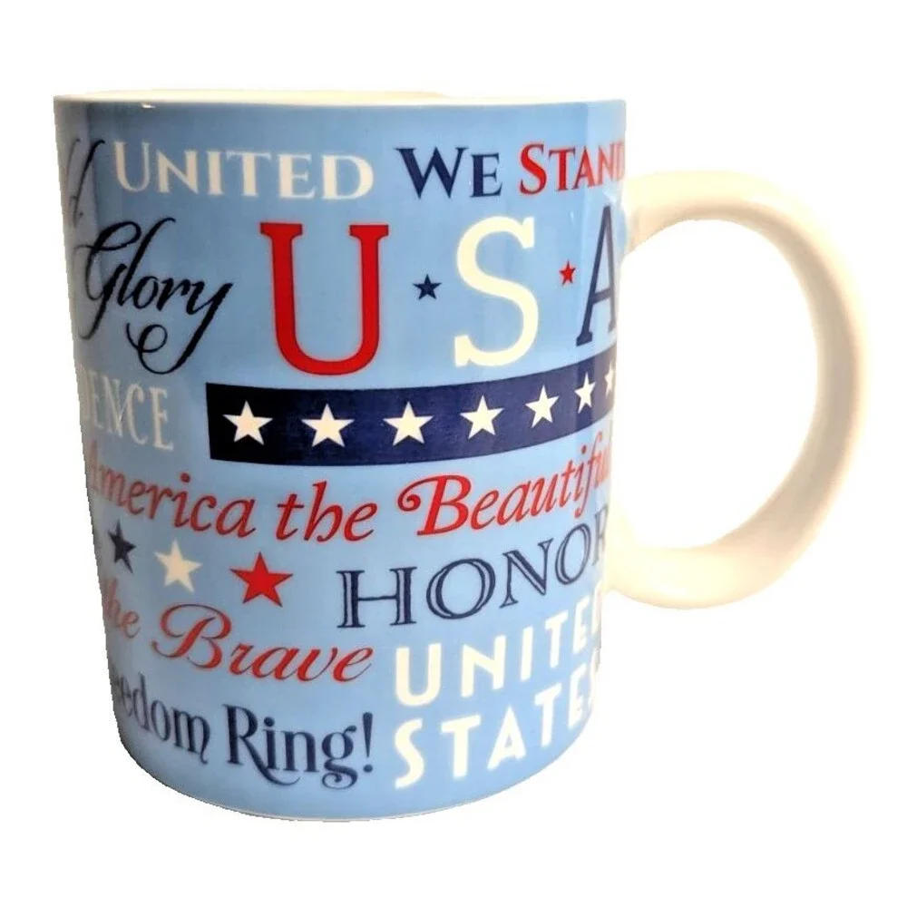 Patriotic Coffee Mug United We Stand USA Stoneware Red White Blue Drinkware Gift